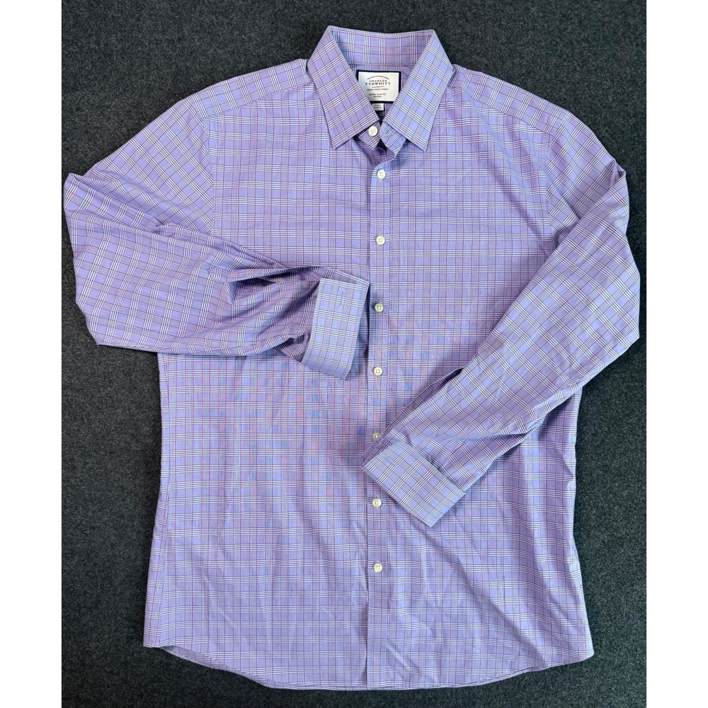 Charles Tyrwhitt Mens 17/35 Slim Fit Non-Iron French Cuff Purple Plaid Shirt